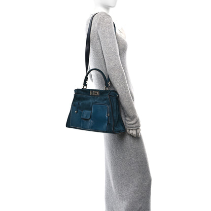 Fendi Chamois Karung Shiny Nappa Medium 3 Pocket Peekaboo Iconic Satchel Cobalto Petrolio 2 of 9