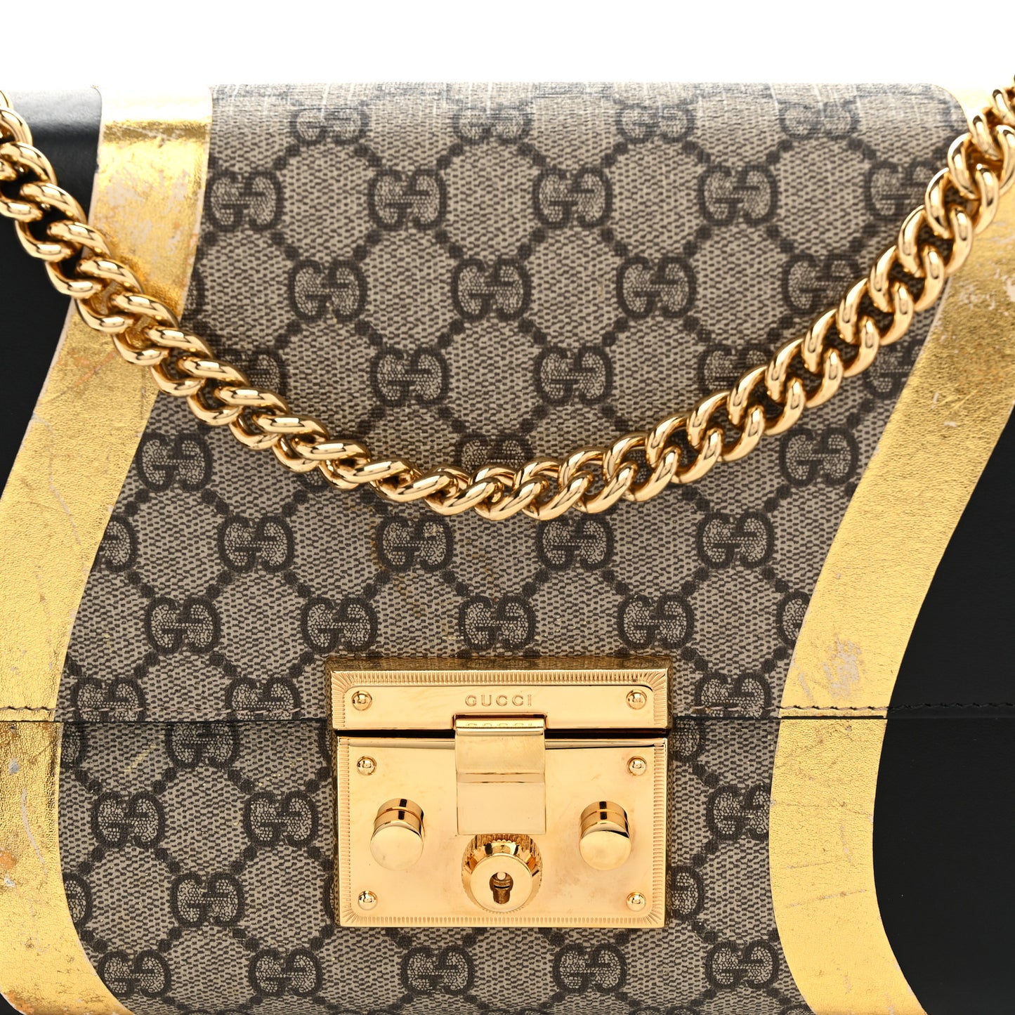 Calfskin GG Supreme Monogram Medium Padlock Shoulder Bag Black Gold