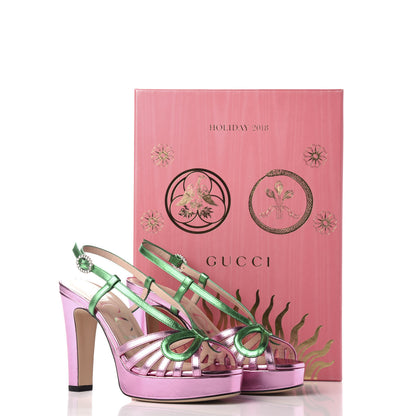 Gucci Metallic Nappa Crystal Zephyra Slingback Platform High Heel Sandals 36.5 Rosa Jasmine Green 8 of 8