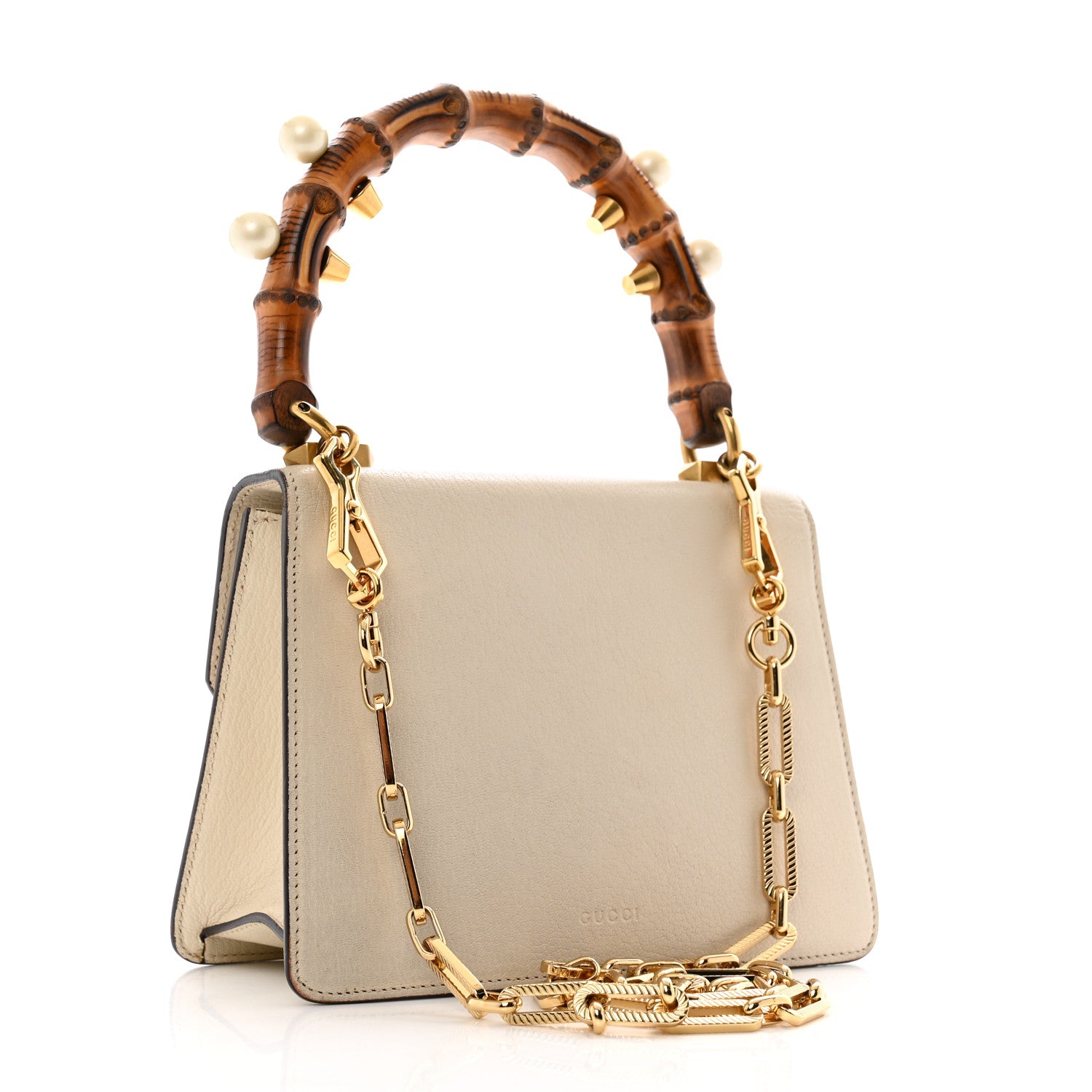 Gucci Goatskin Pearl Mini Fox Broche Bamboo Top Handle Bag Hibiscus Red Mystic White 3 of 14