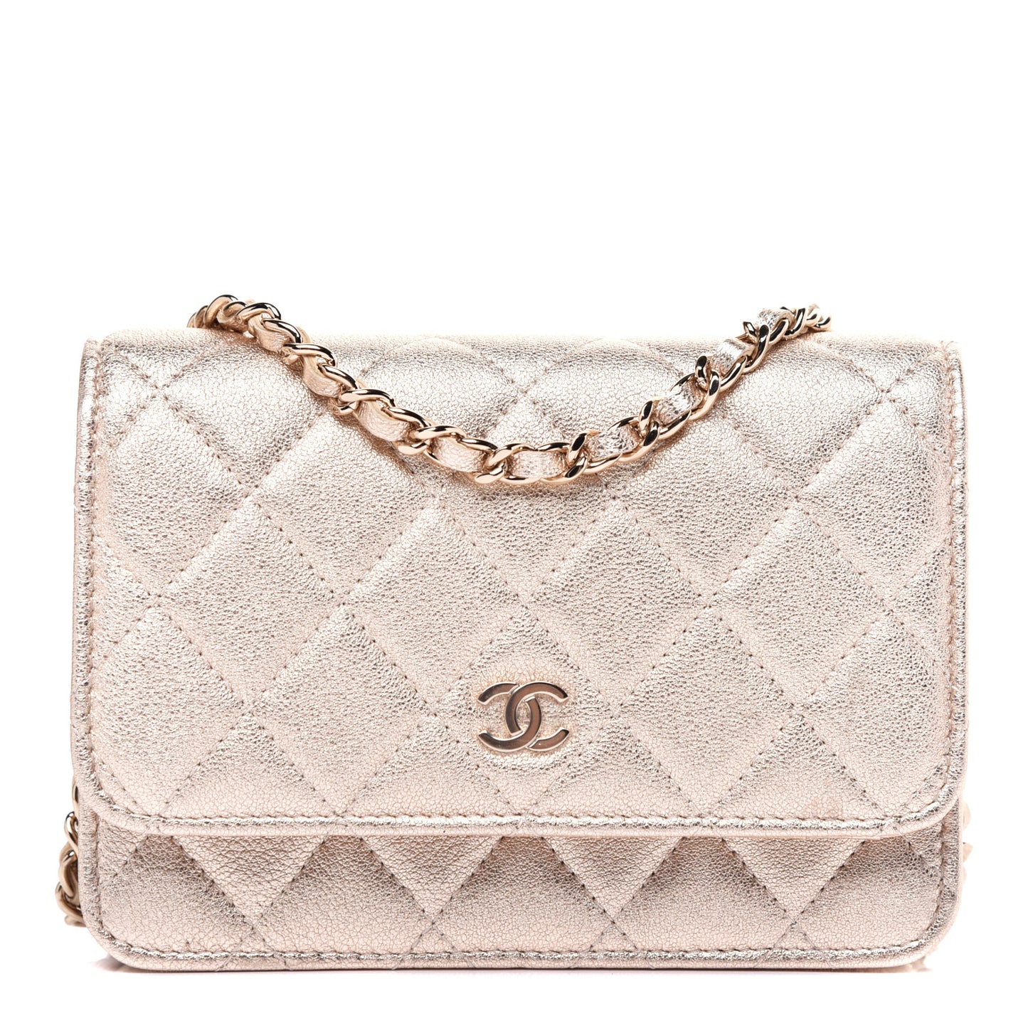 Metallic Lambskin Quilted Mini Wallet On Chain WOC Gold