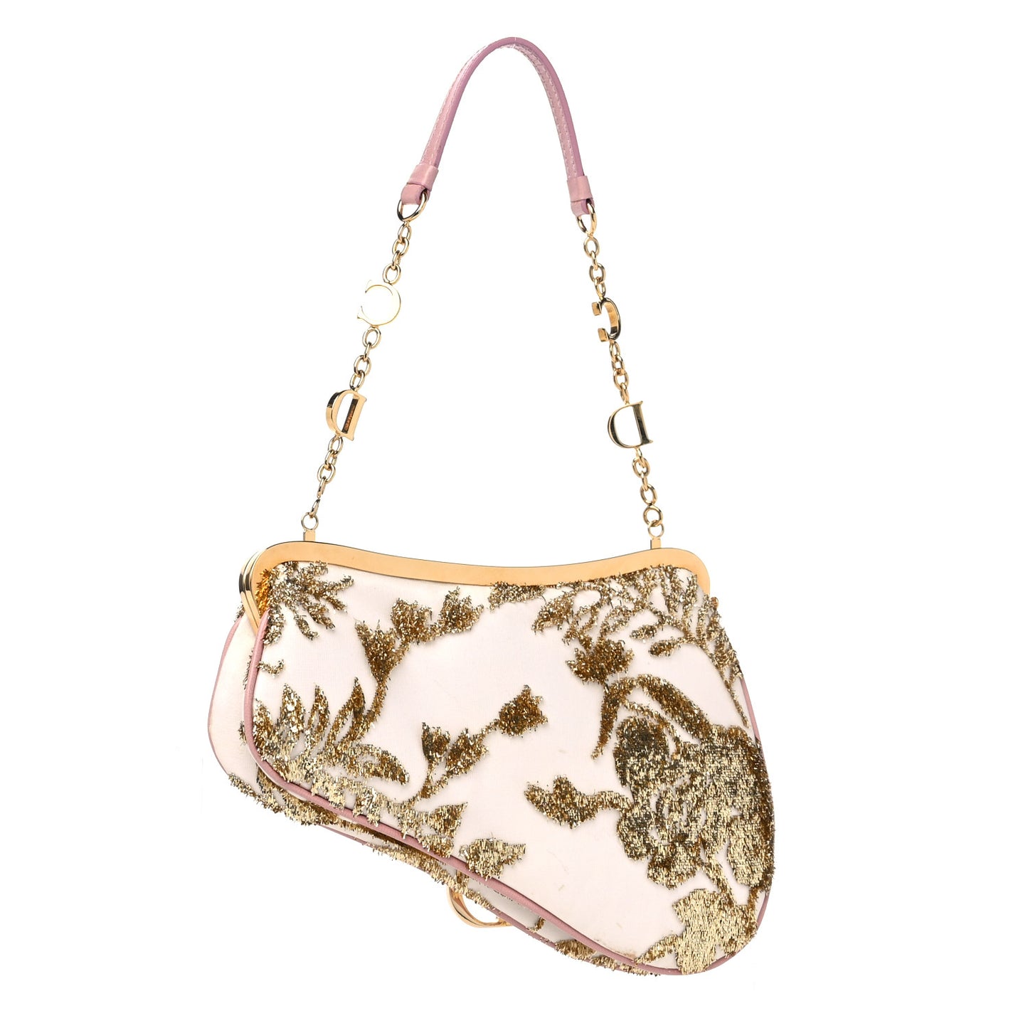 Satin Embroidered Mini Frame Saddle White Gold Pink
