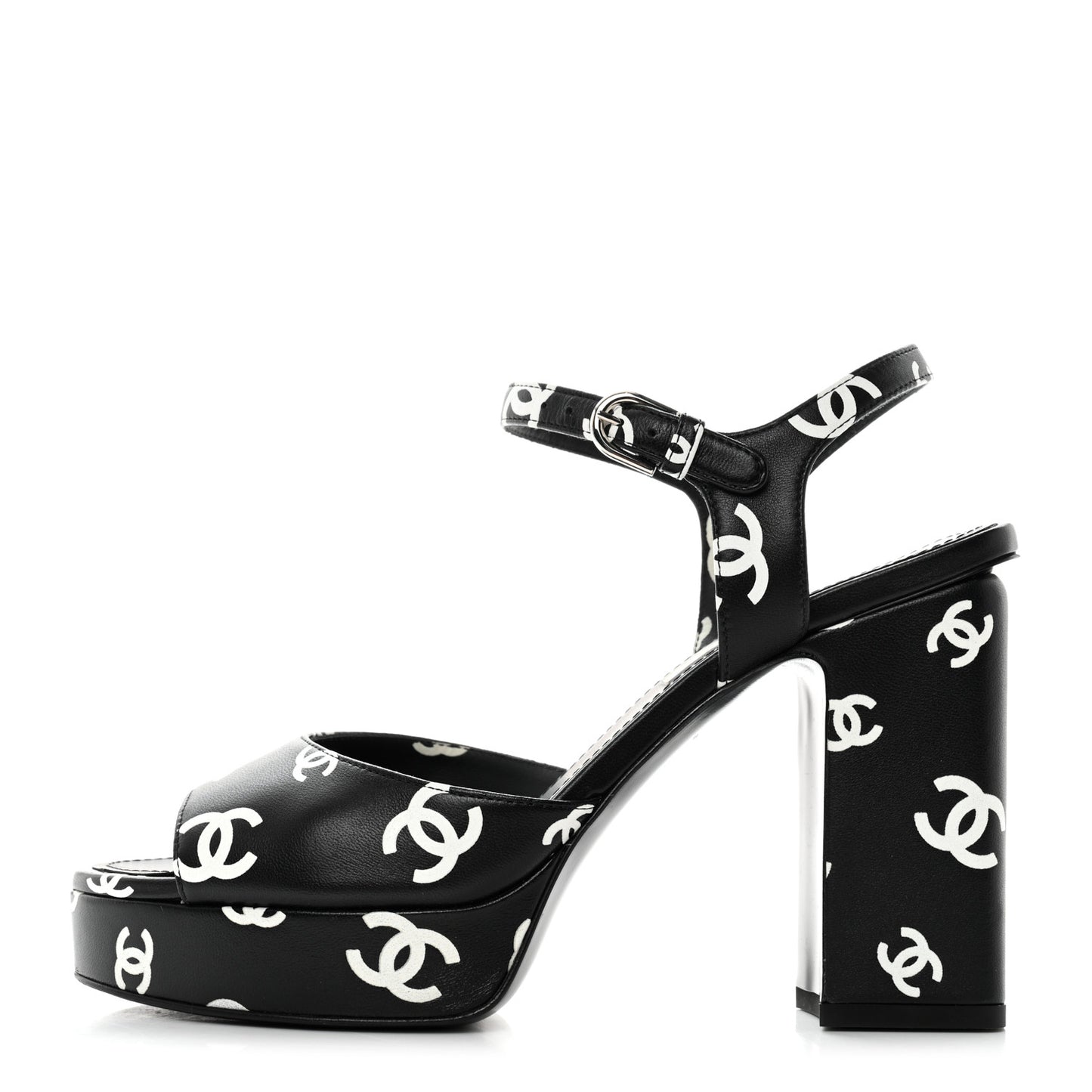 Printed Lambskin CC Platform Sandals 38 Black White