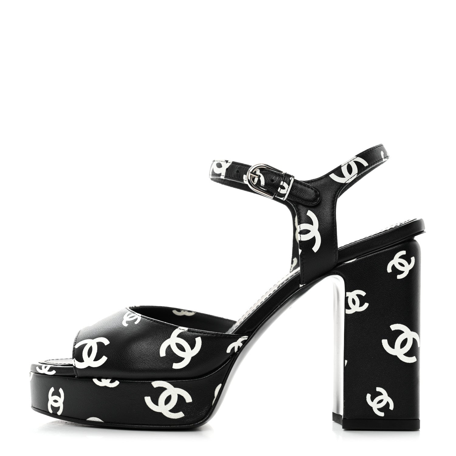 Chanel Printed Lambskin CC Platform Sandals 38 Black White 1 of 9