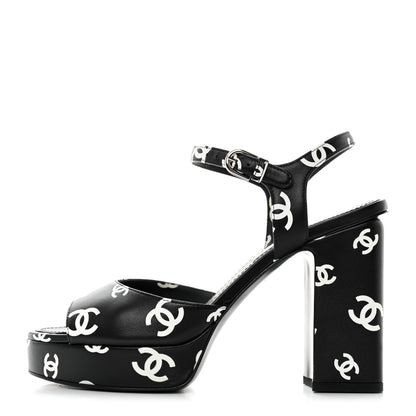 Chanel Printed Lambskin CC Platform Sandals 38 Black White 1 of 9
