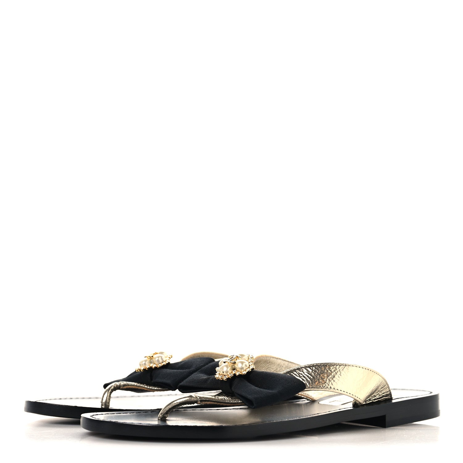 Chanel Metallic Laminated Goatskin Grosgrain Bow Pearl Thong Sandals 37 Gold 4 of 8