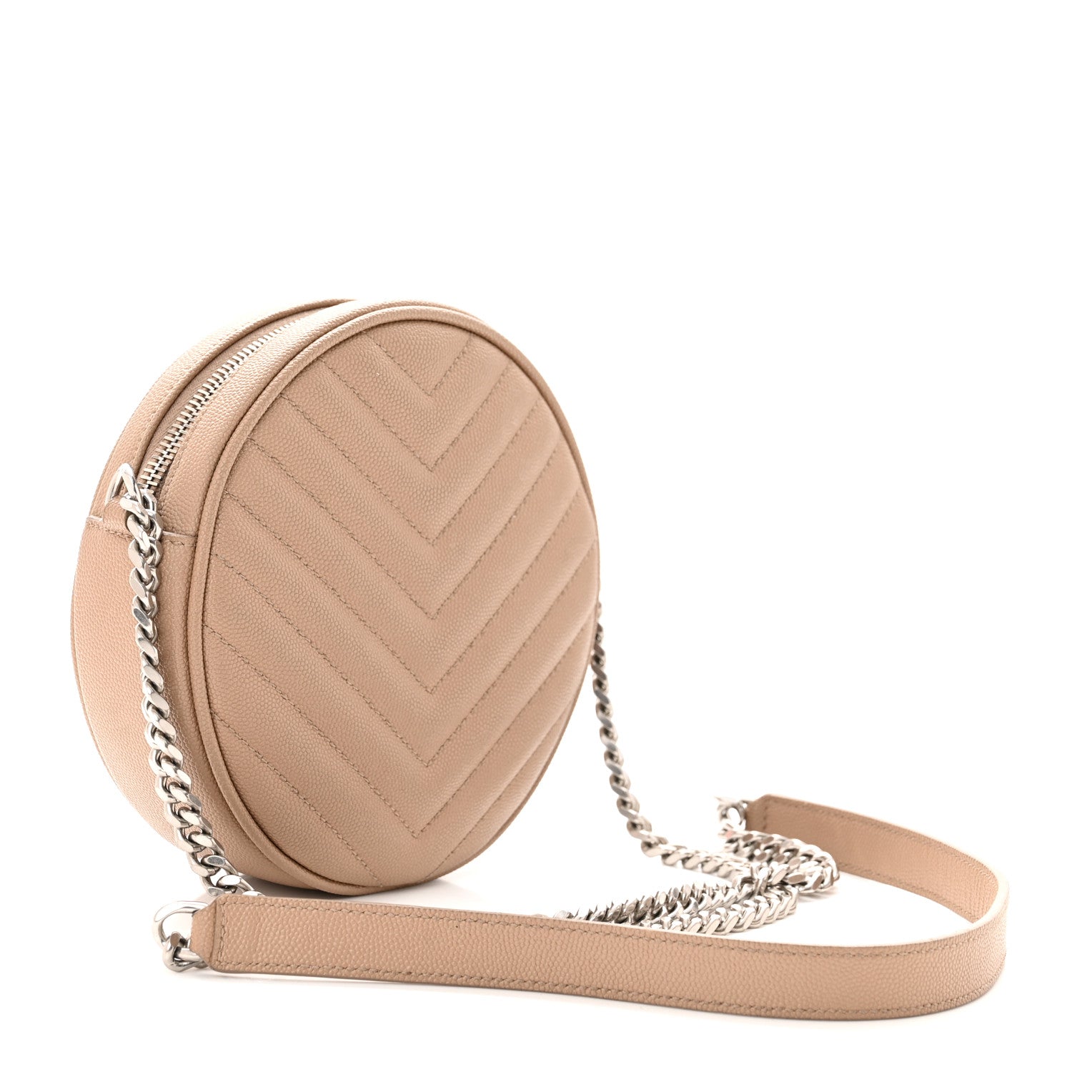 Saint Laurent Grain De Poudre Matelasse Chevron Quilted Round Vinyle Camera Bag Dark Beige 3 of 10