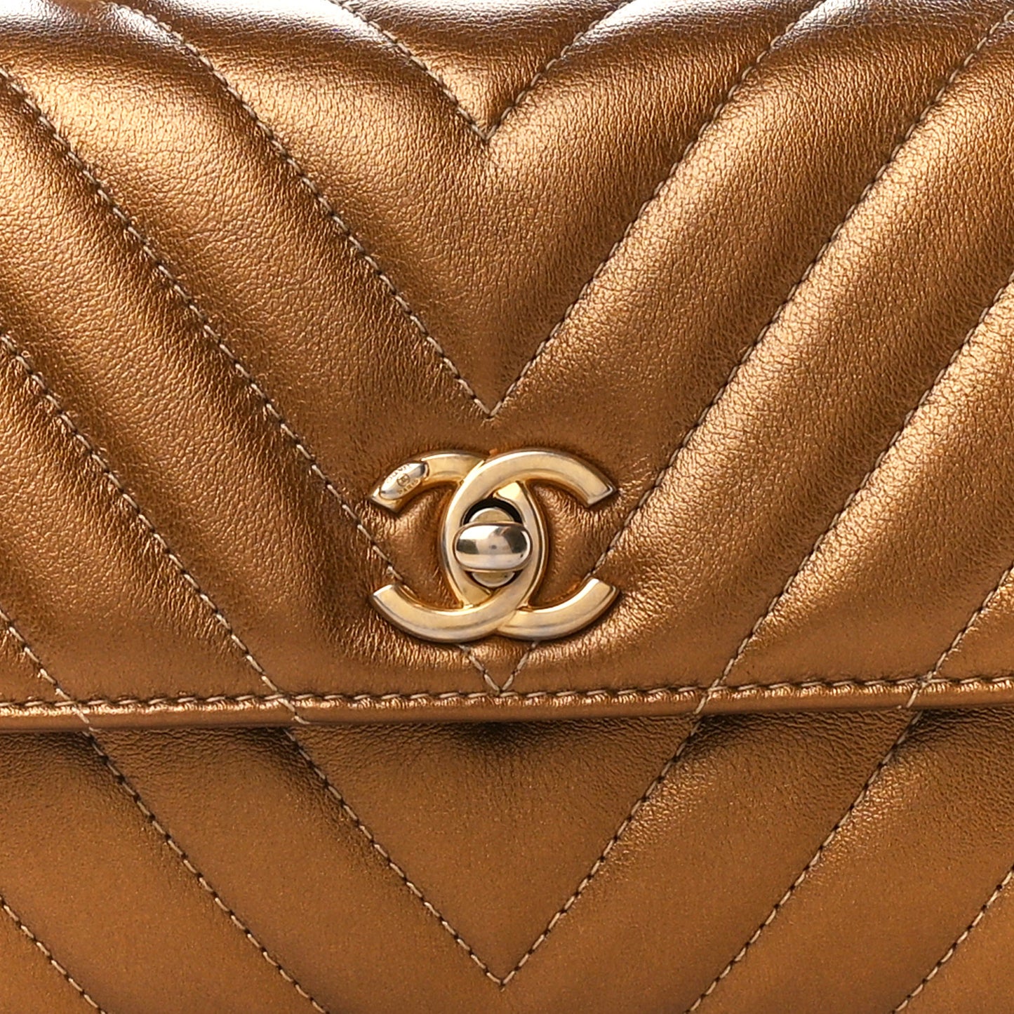 Metallic Calfskin Chevron Quilted Mini Coco Handle Flap Gold