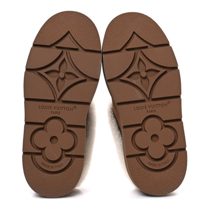 Louis Vuitton Suede Calfskin Shearling Monogram Debossed Cortina Closed Mule 38 Light Beige 7 of 10