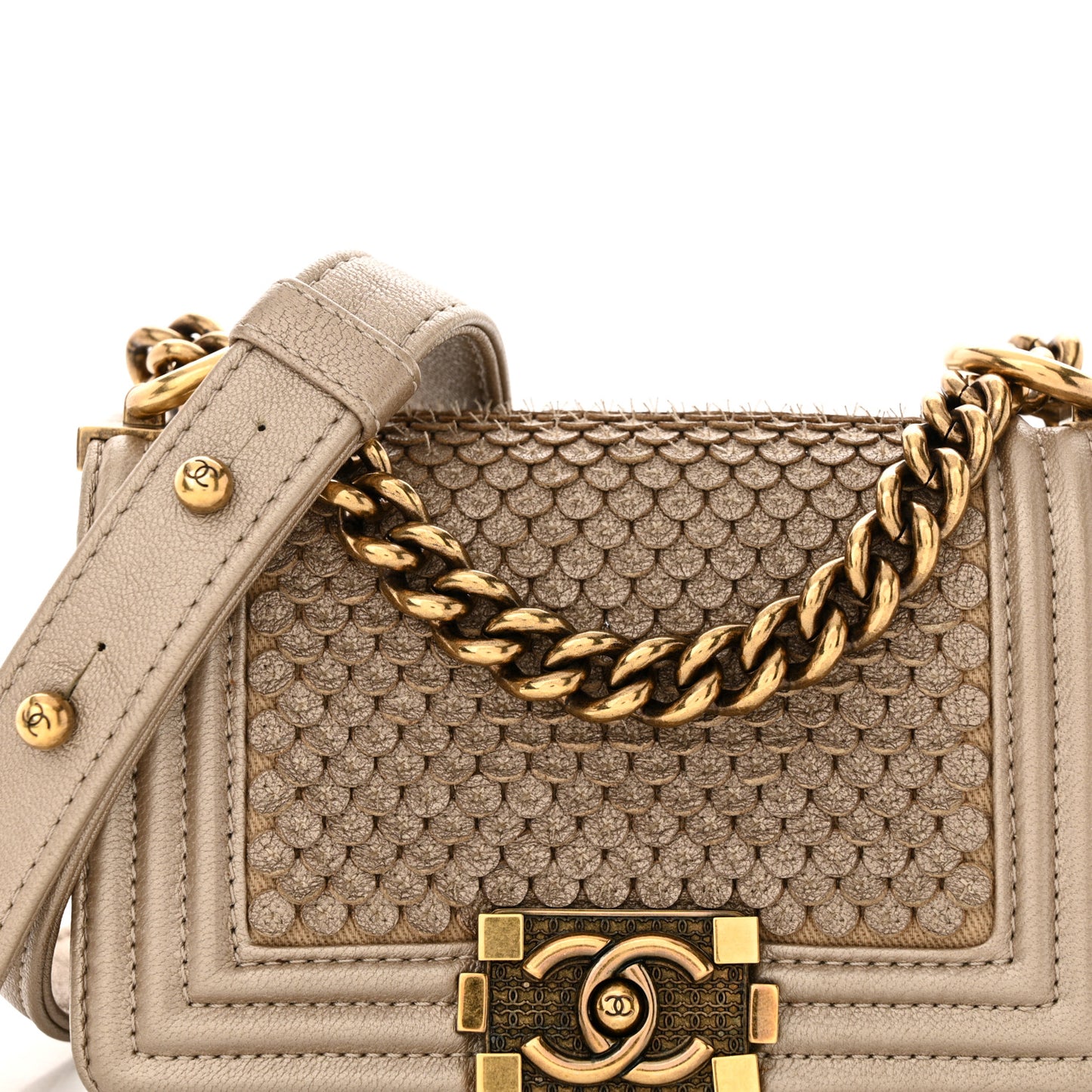 Metallic Lambskin Mini Scaled Boy Flap Gold