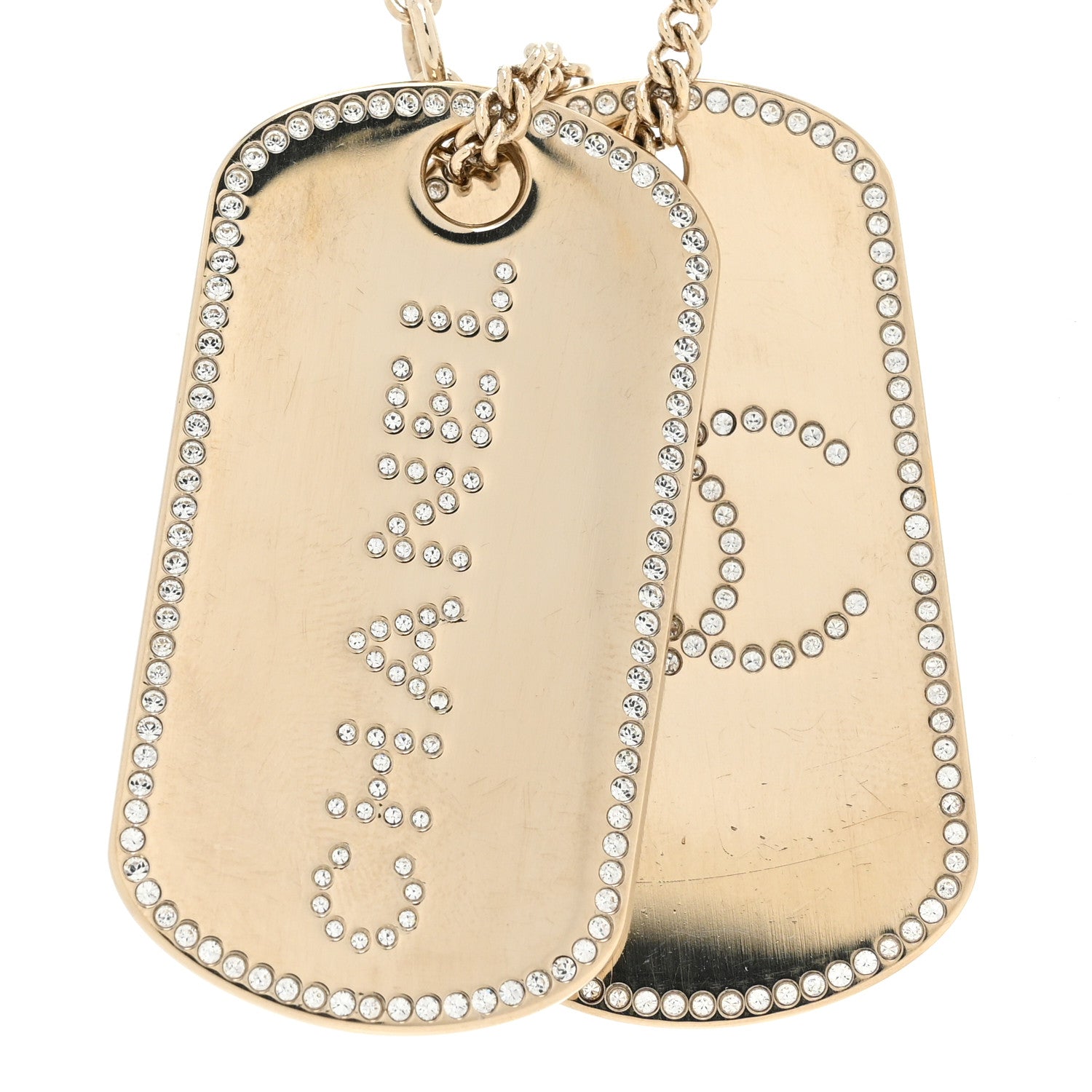 Chanel Metal Crystal Dog Tag Charm Necklace Gold 5 of 6