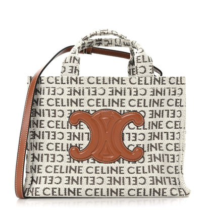 Celine Canvas Calfskin All Over Print Small Cabas Thais White Tan 1 of 10