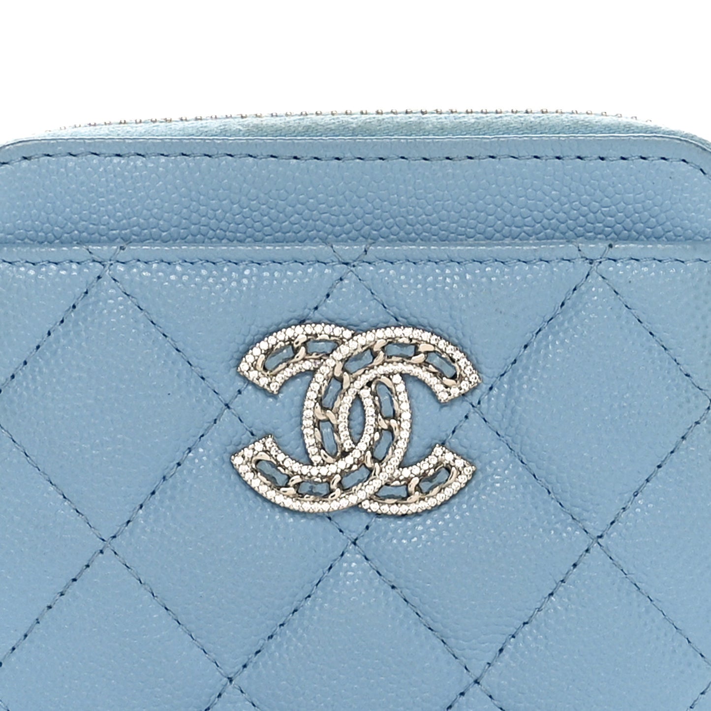Caviar Quilted Crystal Zip Card Holder Wallet Light Blue
