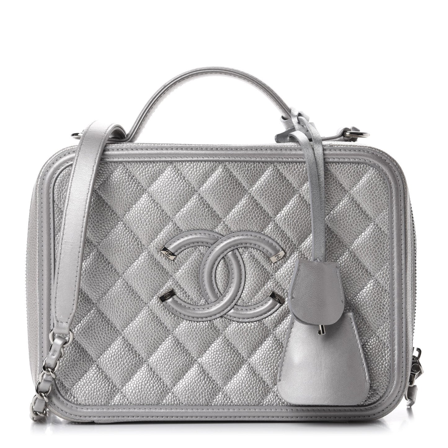 Metallic Caviar Quilted Large CC Filigree Vanity Case Silver