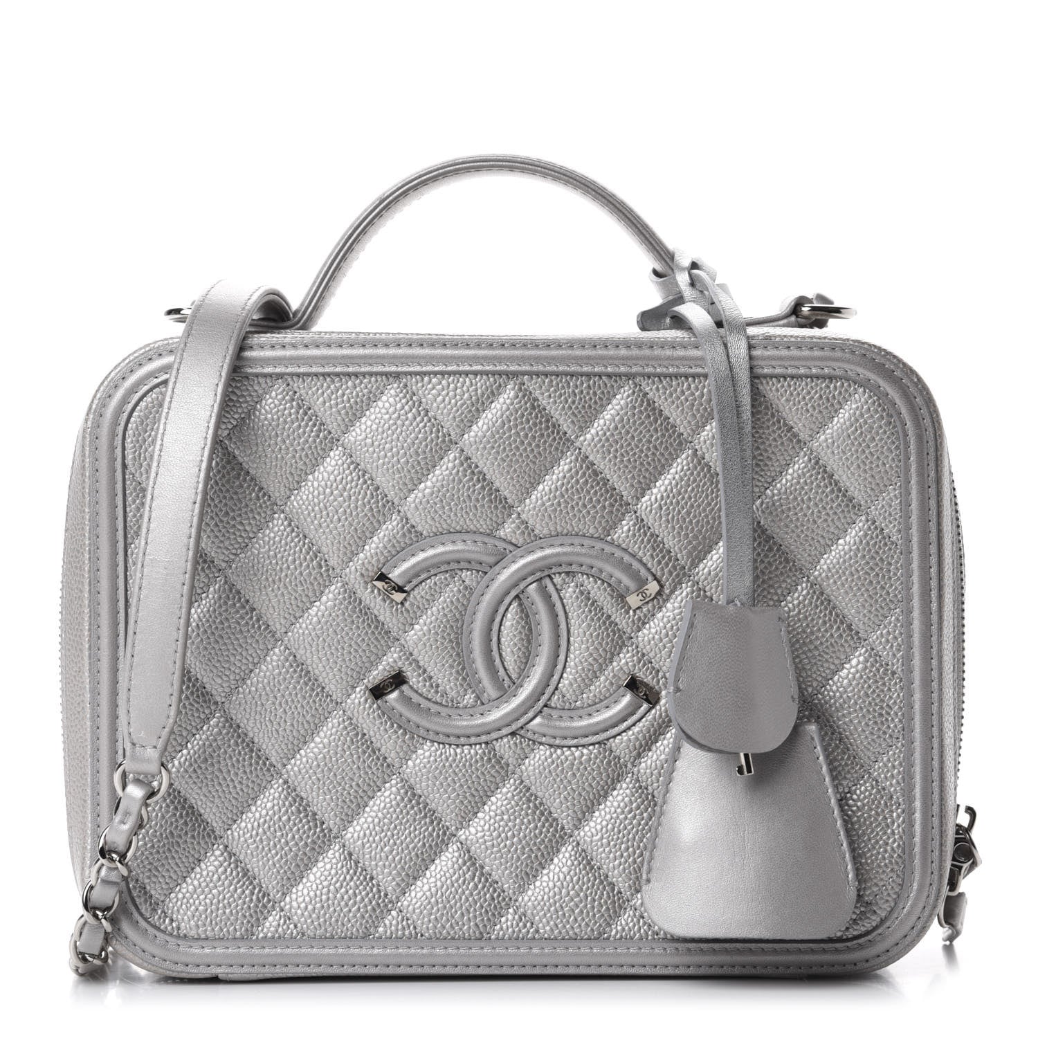 Chanel Metallic Caviar Quilted Large CC Filigree Vanity Case Silver 1 of 11