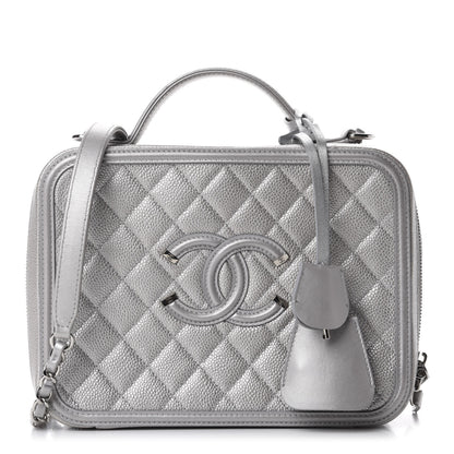 Chanel Metallic Caviar Quilted Large CC Filigree Vanity Case Silver 1 of 11