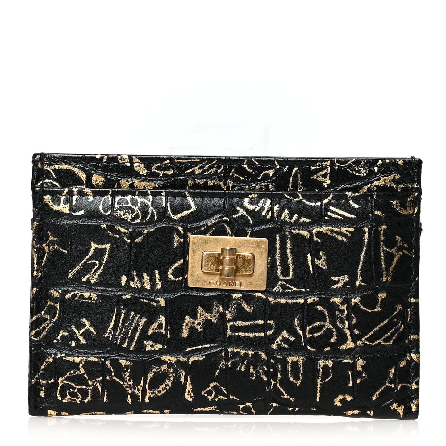 Calfskin Crocodile Embossed Graffiti 2.55 Cocodile Reissue Card Holder Black Gold