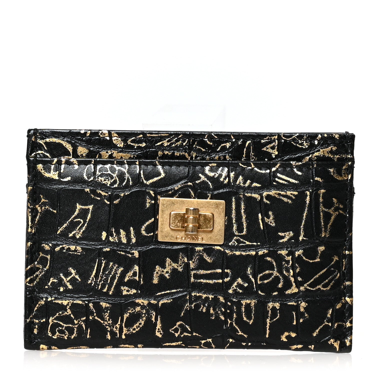 Chanel Calfskin Crocodile Embossed Graffiti 2.55 Cocodile Reissue Card Holder Black Gold 1 of 9