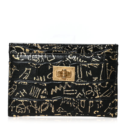 Chanel Calfskin Crocodile Embossed Graffiti 2.55 Cocodile Reissue Card Holder Black Gold 1 of 9