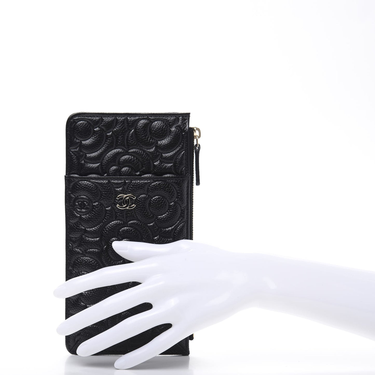 Caviar Camellia Embossed Classic Flat Wallet Pouch Black