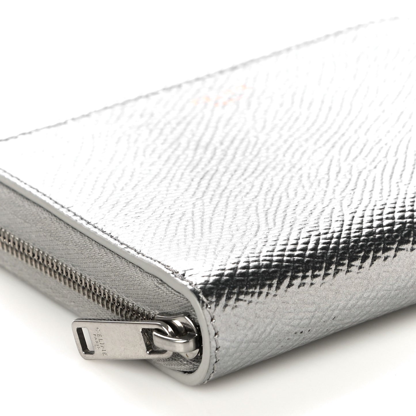 Laminated Grained Calfskin Zip Around Card Holder Wallet Silver