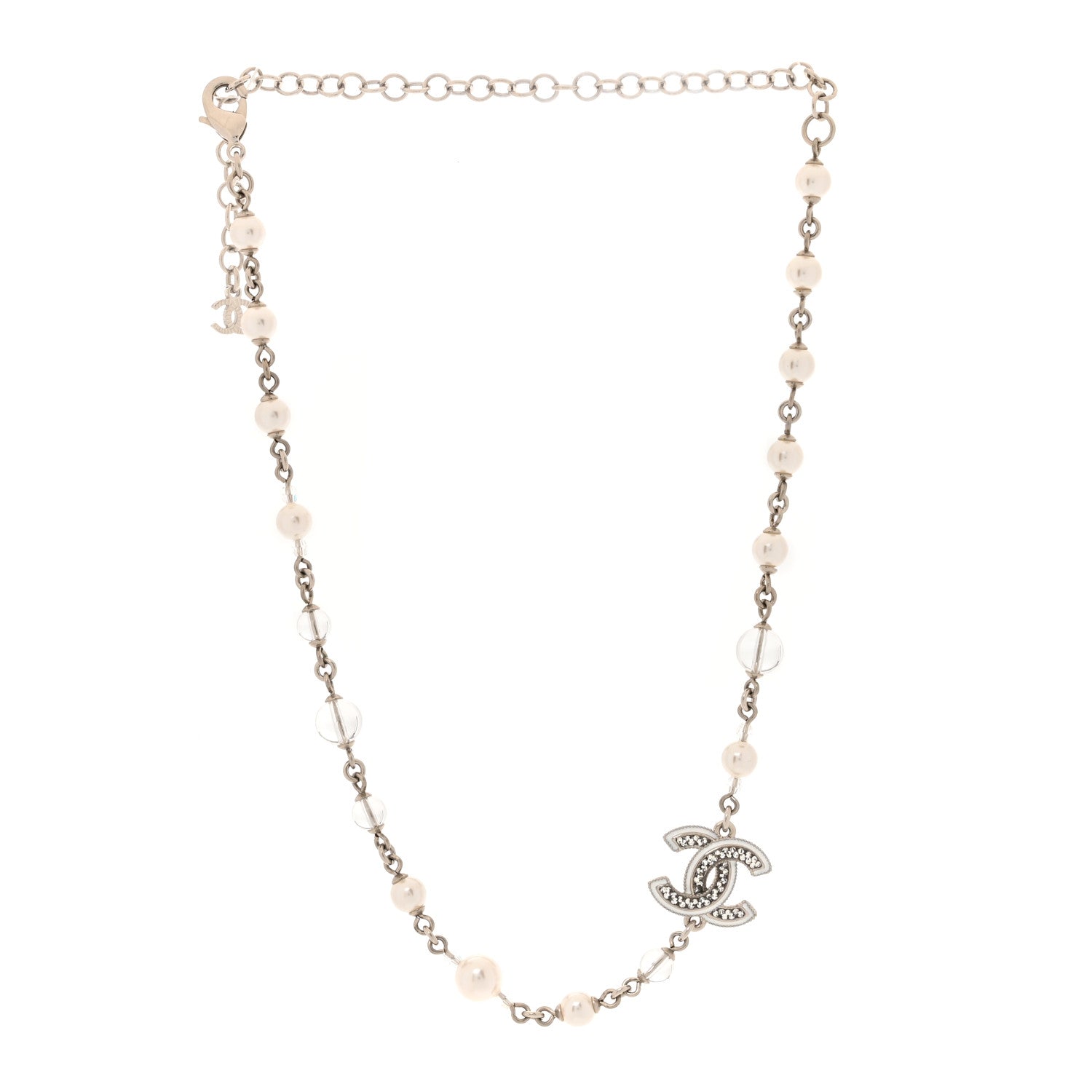 Chanel Pearl Resin Glitter CC Necklace Silver 3 of 5