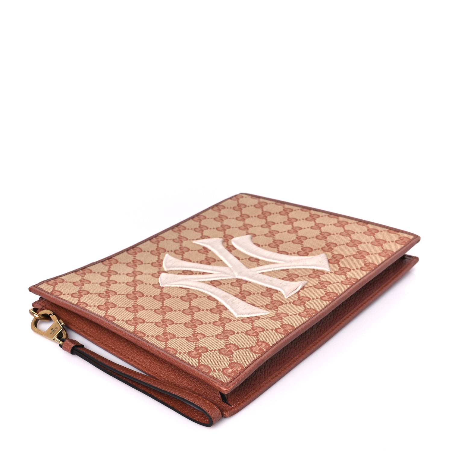 Gucci X MLB GG Monogram NY Yankees Zip Wristlet Pouch Beige Ruggine Ivory 4 of 10