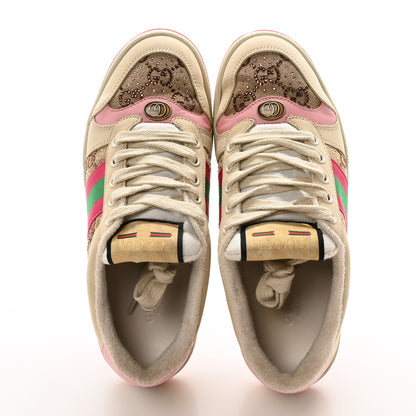 Gucci Calfskin GG Supreme Crystals Web Screener Sneakers  36 Camel Ebony Wild Rose 2 of 9
