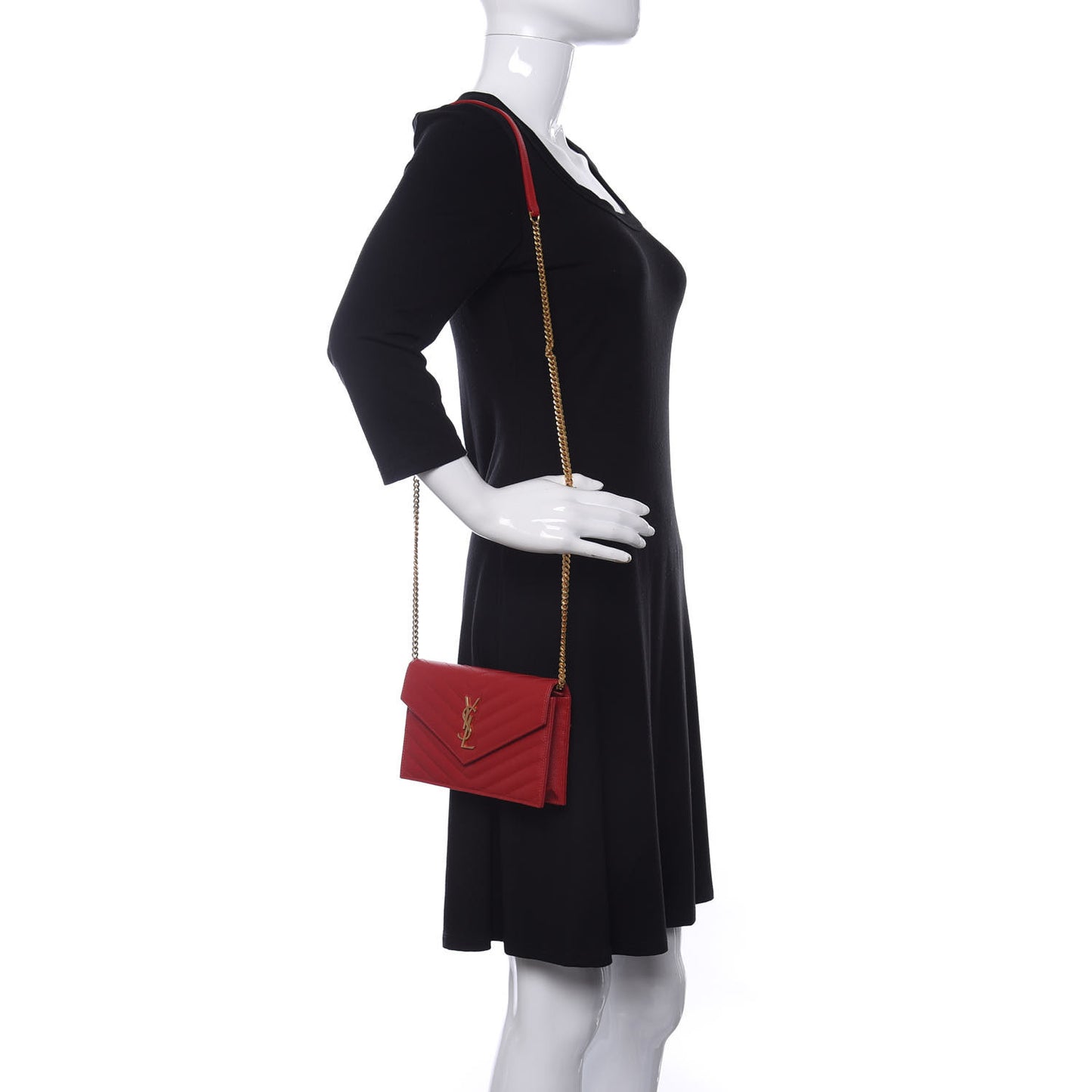 Grain De Poudre Matelasse Chevron Monogram Envelope Chain Wallet New Red