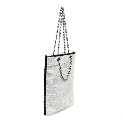 Chanel Sequin Logo Shopping Tote White Black 4 of 11