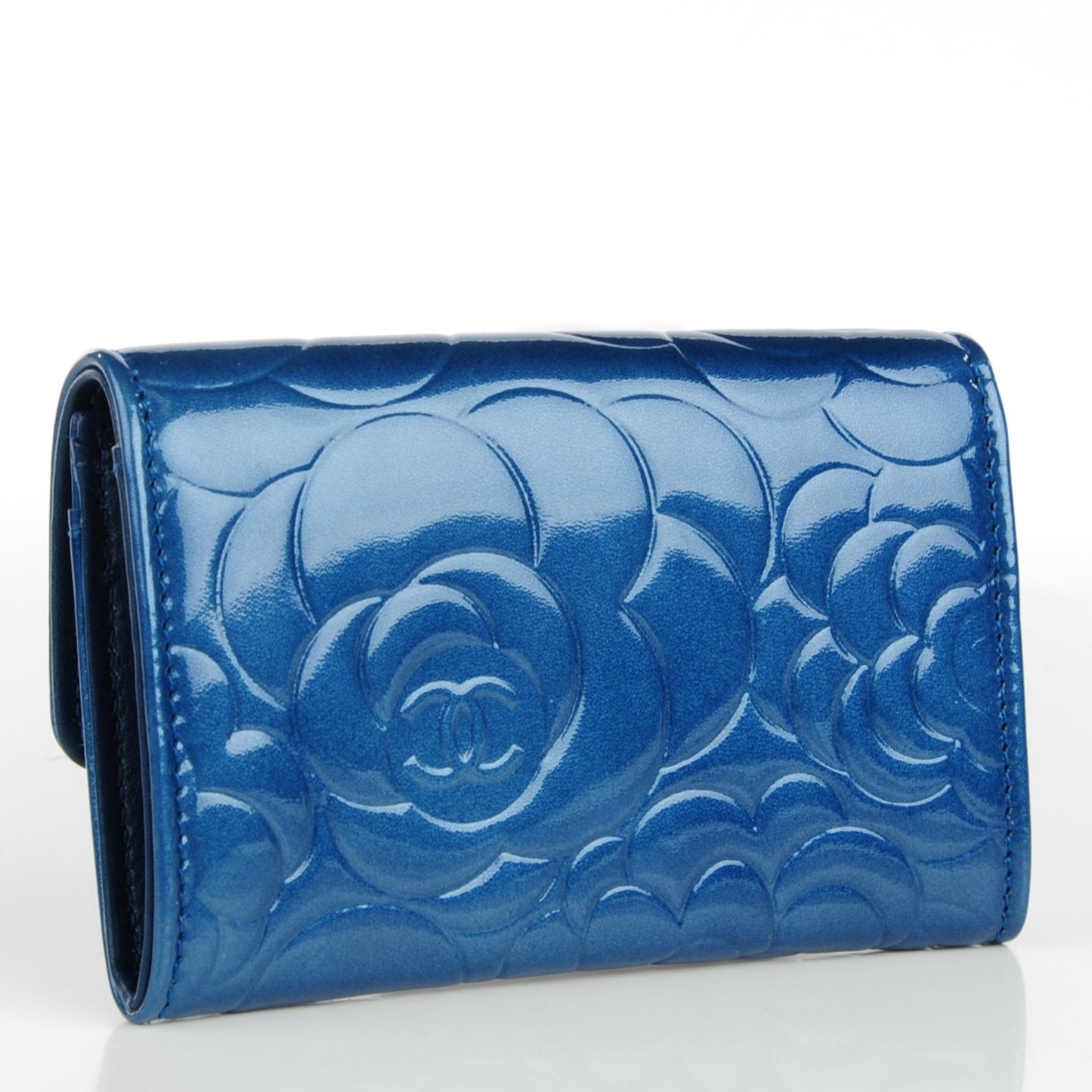 Patent Camellia Embossed Card Holder Blue