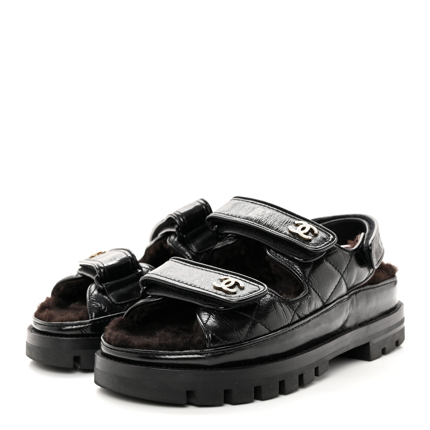 Chanel Laminated Lambskin Shearling Crystal CC Velcro Dad Platform Sandals 36 Black 3 of 12