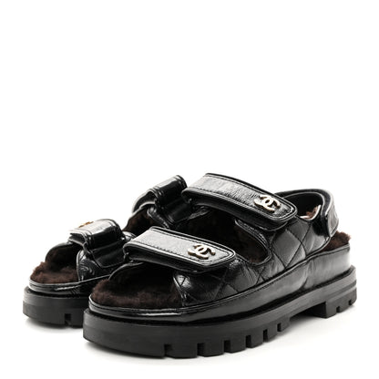 Chanel Laminated Lambskin Shearling Crystal CC Velcro Dad Platform Sandals 36 Black 3 of 12