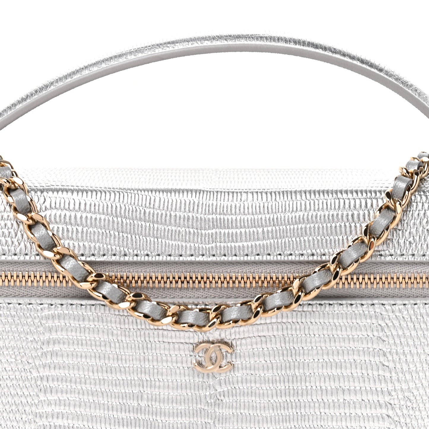 Lizard Embossed Calfskin Top Handle Slim Vanity With Chain Silvery
