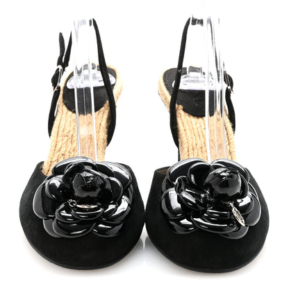 Chanel Velvet Patent Camellia Espadrilles Wedge Sandals 38 Black 3 of 8