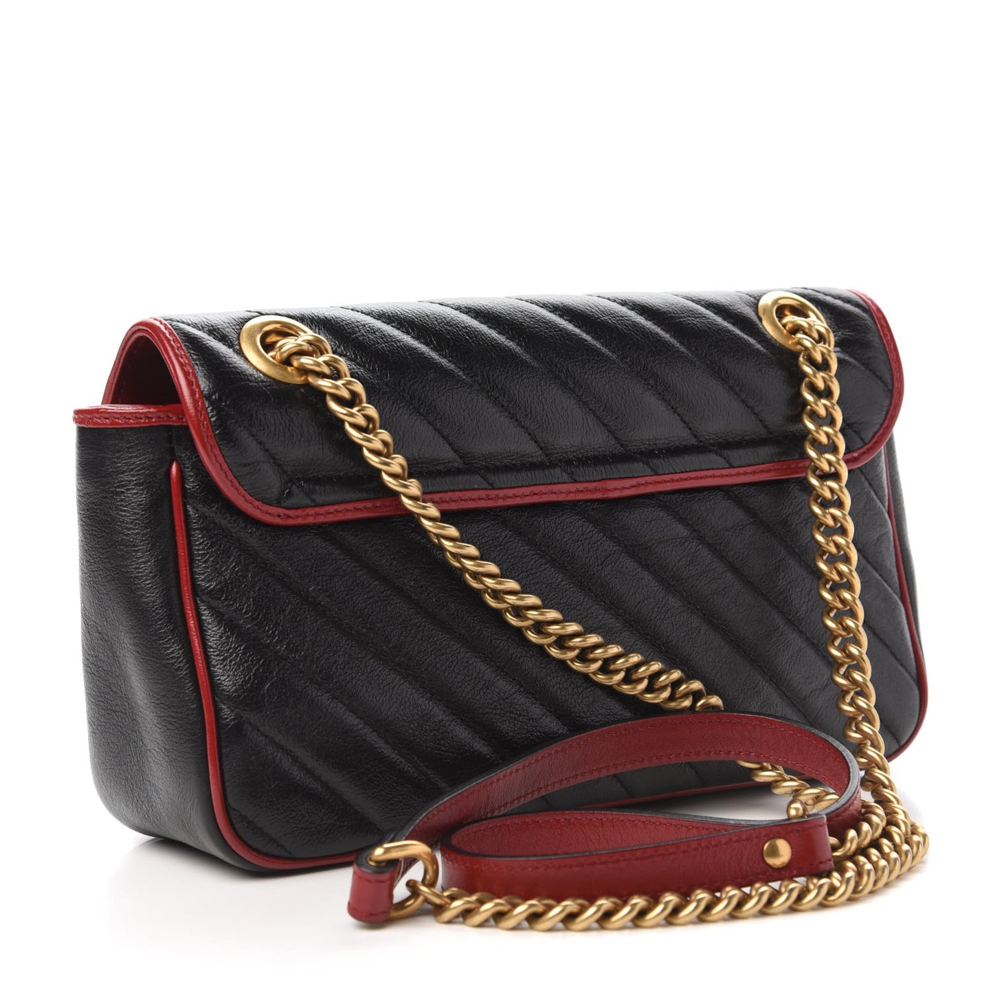 Vintage Effect Calfskin Matelasse Diagonal Small Torchon GG Marmont Shoulder Bag Black Romantic Cherry