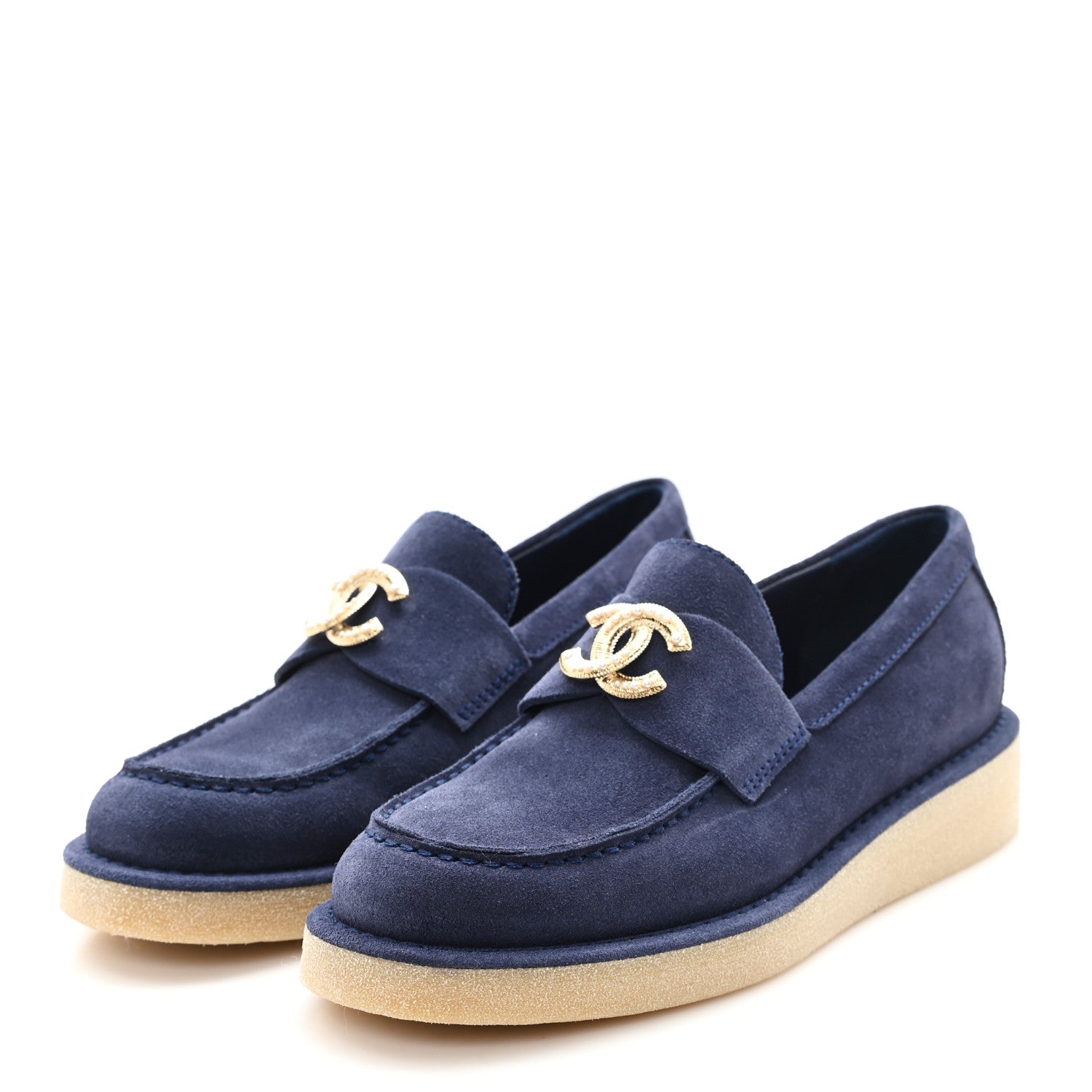 Chanel Suede Calfskin Pearl CC Moccasin Loafers 37 Navy 1767205