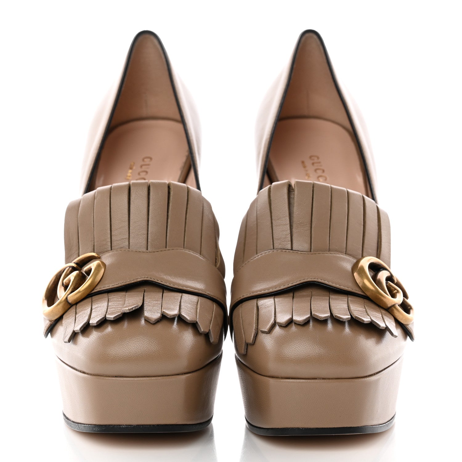 Gucci Malaga Kid GG Marmont Fringe Platform High Heel Loafer Pumps 38 Mud 2 of 15