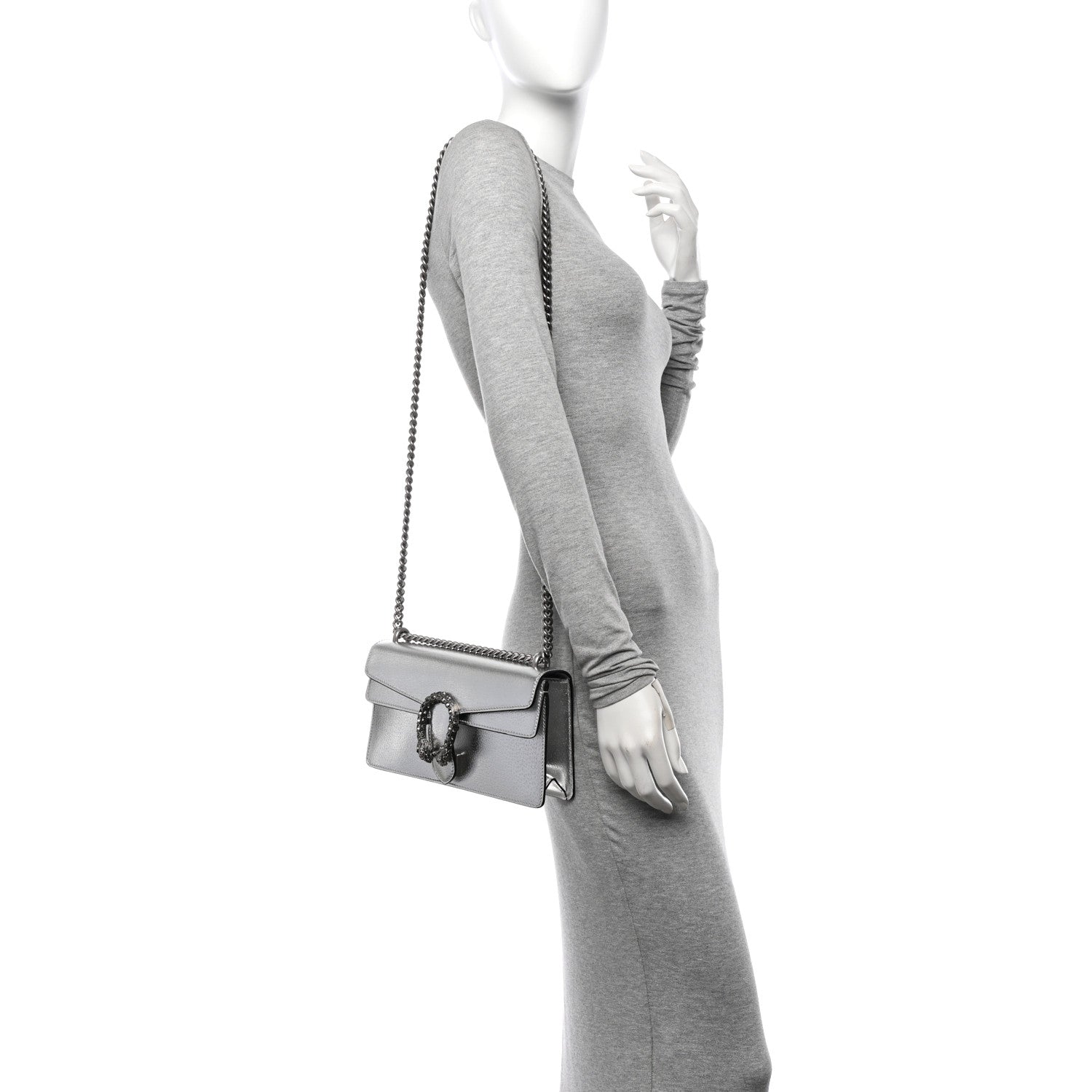 Gucci Metallic Textured Calfskin Crystal Small Dionysus Shoulder Bag Silver 2 of 11