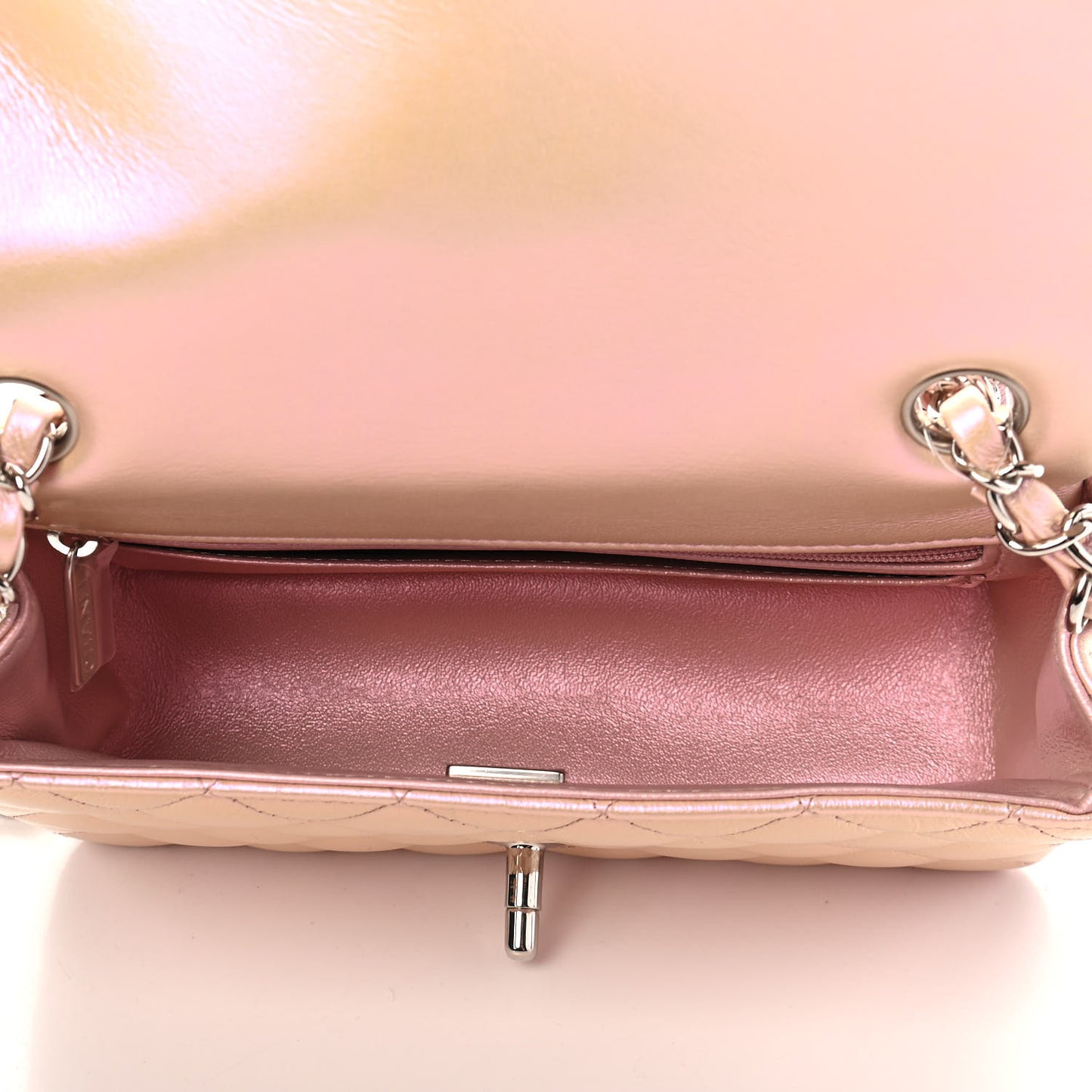 Iridescent Calfskin Quilted Mini Rectangular Flap Pink