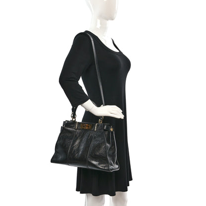 Fendi Agnello Old Shine Medium Peekaboo Iconic Satchel Black 2 of 8
