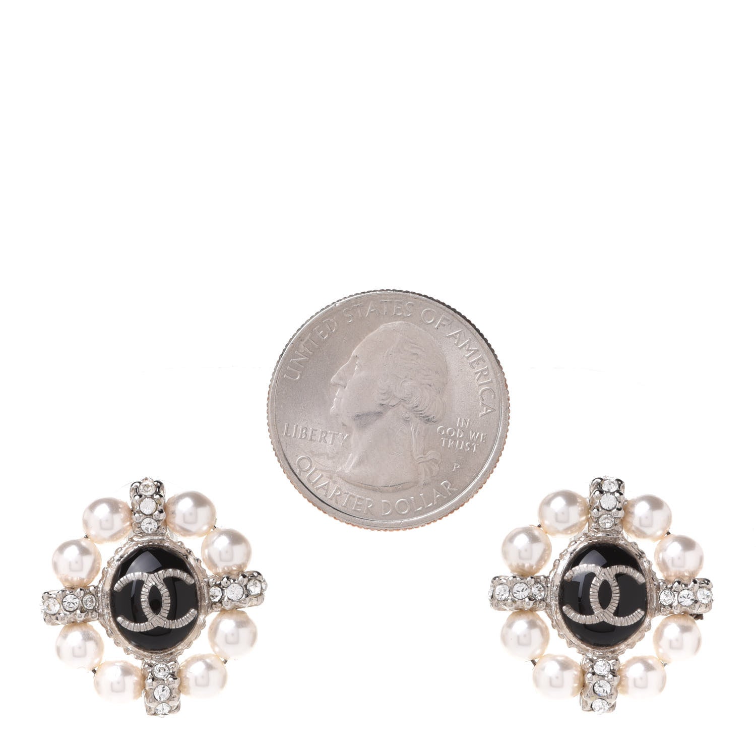 Chanel Crystal Pearl Bead CC Round Earrings Silver Black 2 of 5