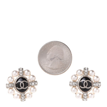 Chanel Crystal Pearl Bead CC Round Earrings Silver Black 2 of 5
