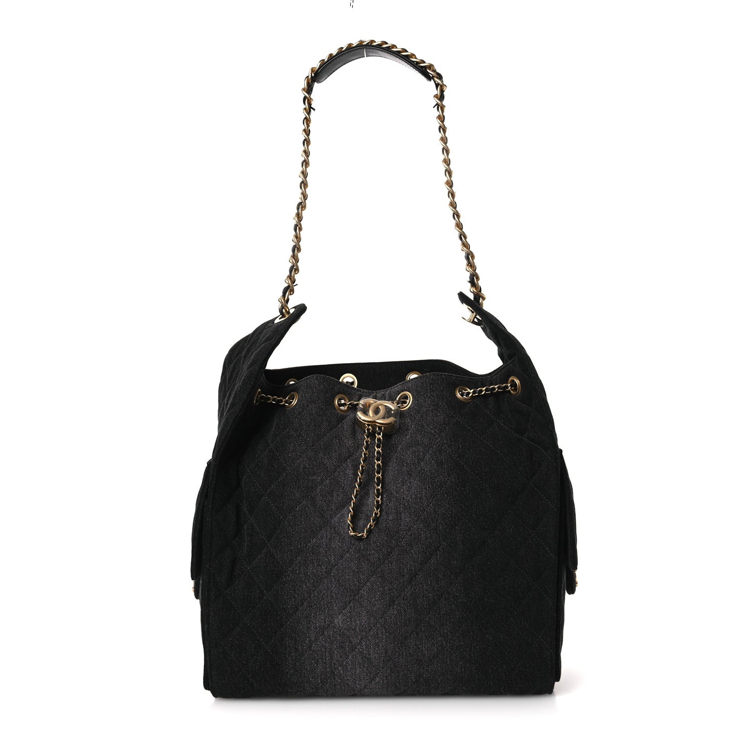 Washed Denim Quilted Medium Chanel 25 Handbag Black