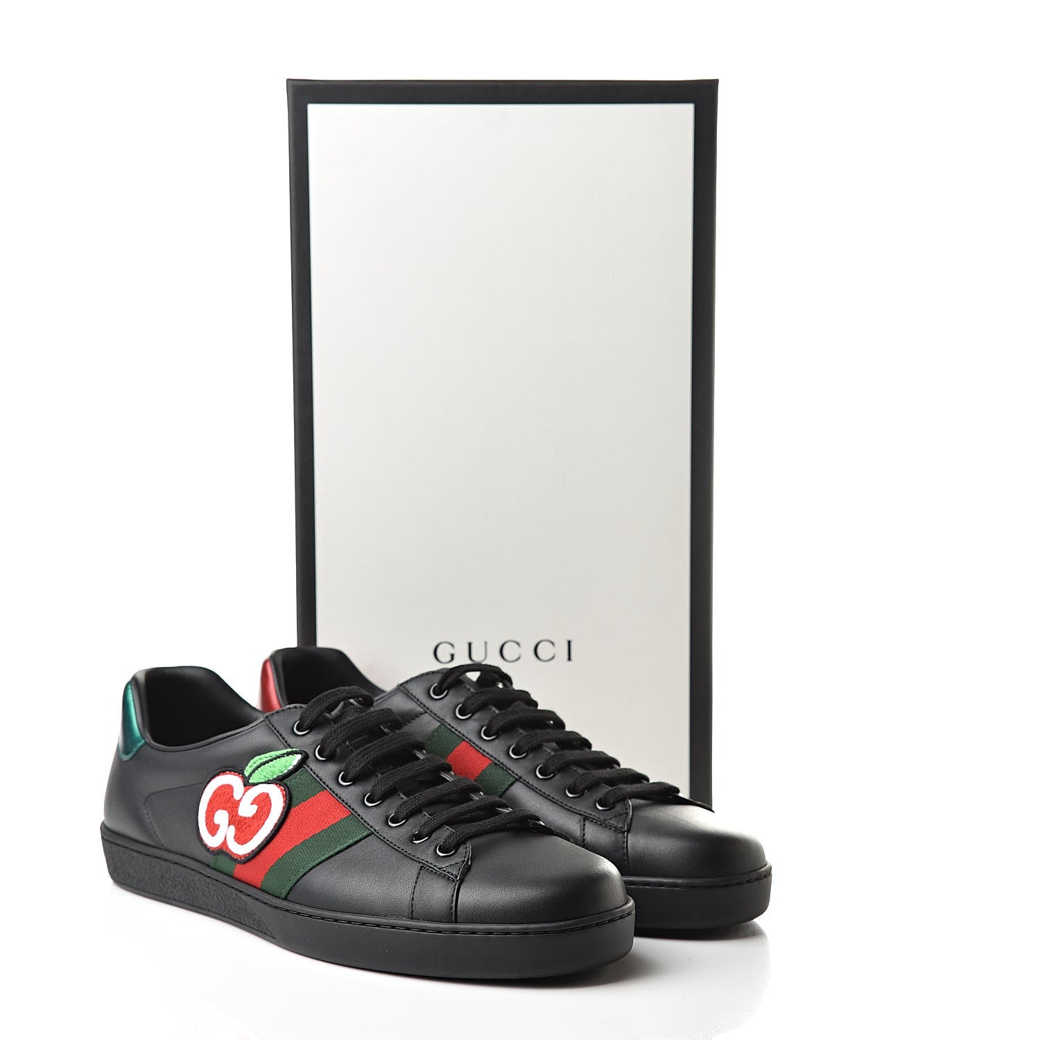 Gucci Calfskin Web GG Apple Embroidered Mens Ace Sneakers 9 Black 10 of 10