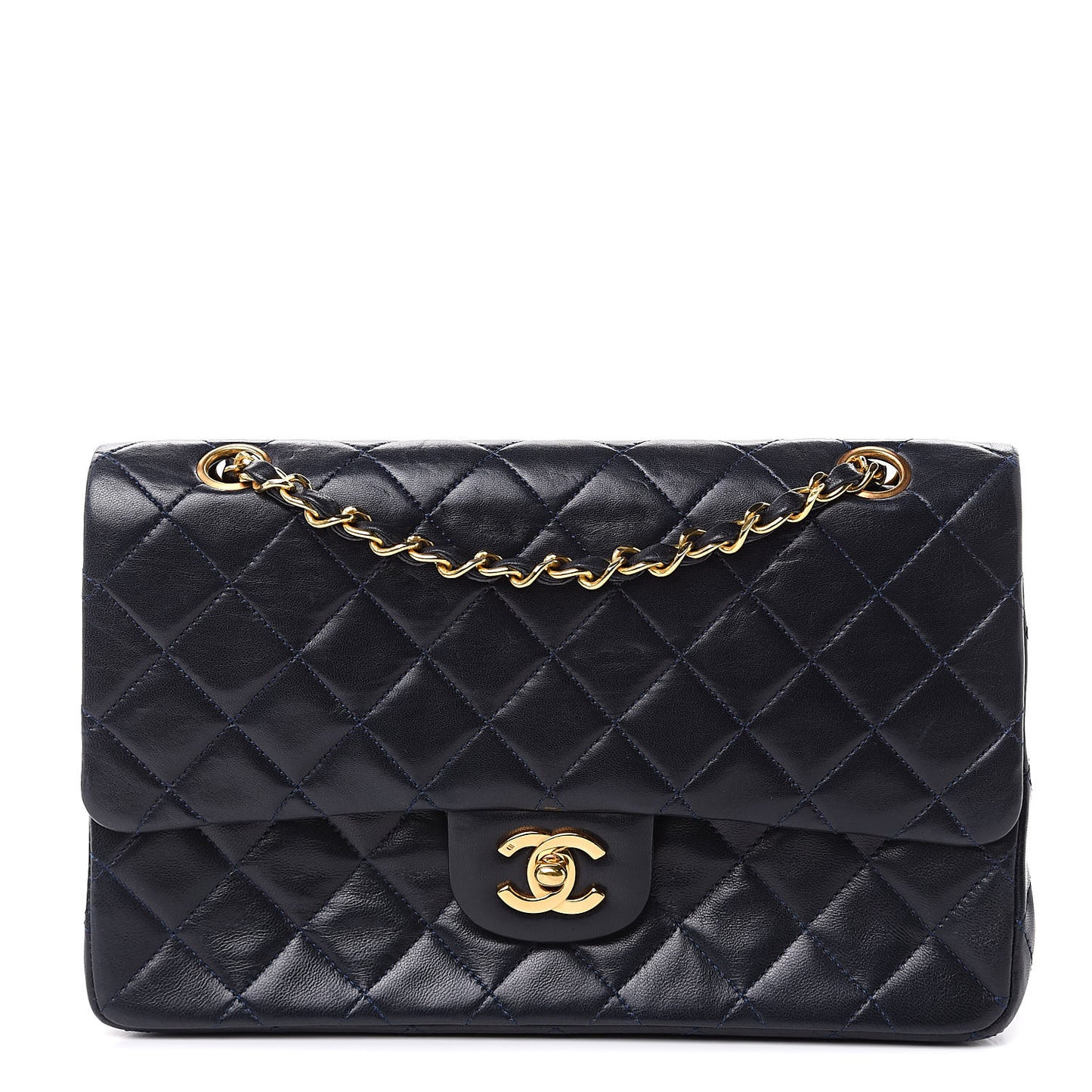Lambskin Quilted Medium Double Flap Navy
