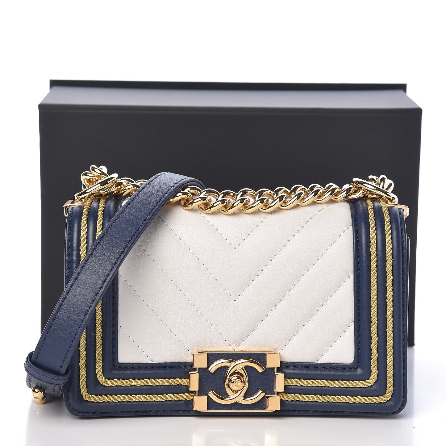 Calfskin Chevron Quilted Braided Small Boy Flap White Navy