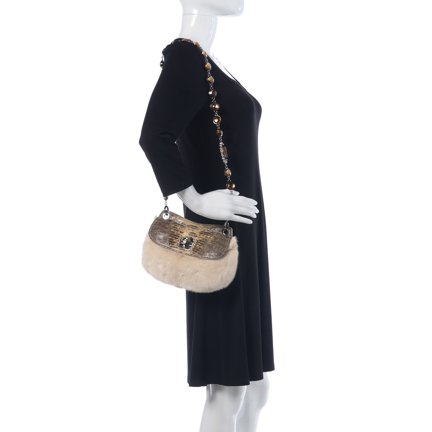 Miu Miu Rabbit Fur Lizard Crystal Shoulder Bag Avorio 2 of 9