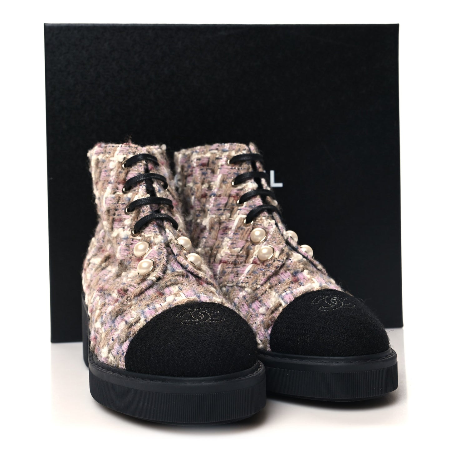 Tweed Calfskin Pearl Combat Short Boots 39 Beige Pink Black