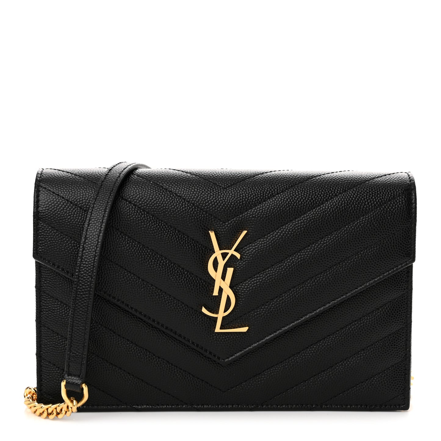 Grain De Poudre Matelasse Chevron Monogram Envelope Chain Wallet Black